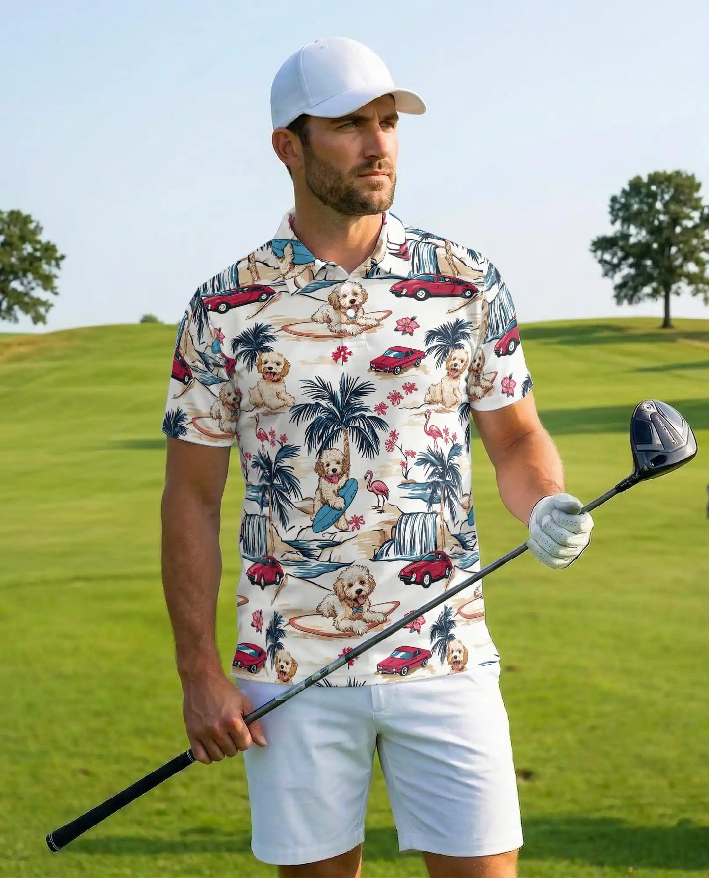 Surfing Dog Beach Polo Shirt - Coastal Tropical Vacation Style | Netecom