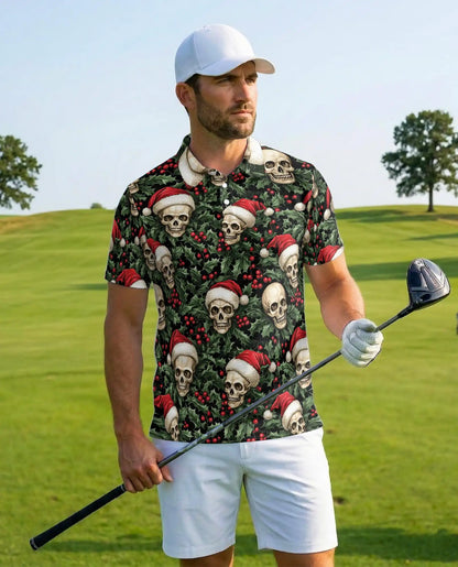 Christmas Skull 3D Polo Shirt for Men – Gothic Holiday Santa Style | Netecom