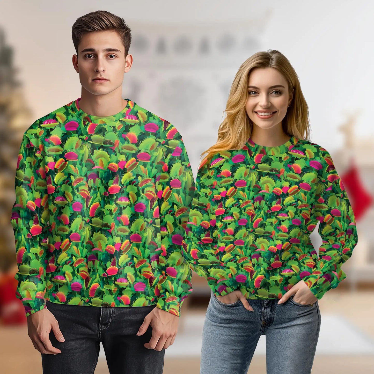 Venus Flytrap Tropical Pattern Sweatshirt, 3D All Over Print Carnivorous Plant Crewneck Pullover for Men Women, Plant Lover Gift - Netecom