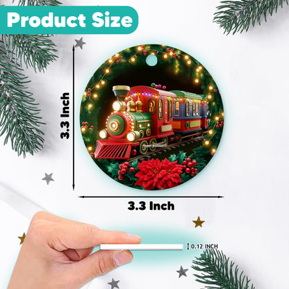 Netecom Funny Locomotive Christmas Ornament, Train Wreath Ceramic Ornament for Xmas Tree Hanging Decorations Gift, Train Lover Gifts, Home Decor, Holiday Party Present