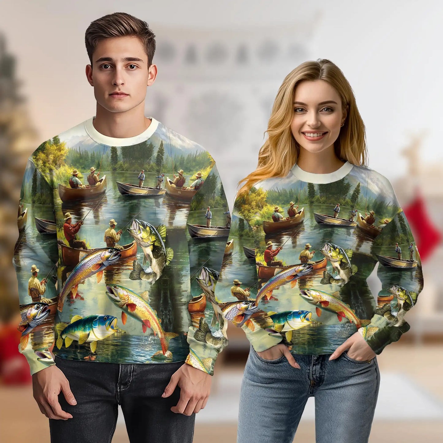 Trout Fishing Sweatshirt, 3D All Over Print Fly Fishing River Crewneck Pullover for Men Women, Angler Gift - Netecom