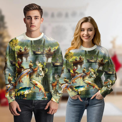 Trout Fishing Sweatshirt, 3D All Over Print Fly Fishing River Crewneck Pullover for Men Women, Angler Gift - Netecom