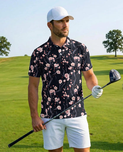 Japanese Floral Polo Shirt for Men – Elegant Sakura Art Style | Netecom