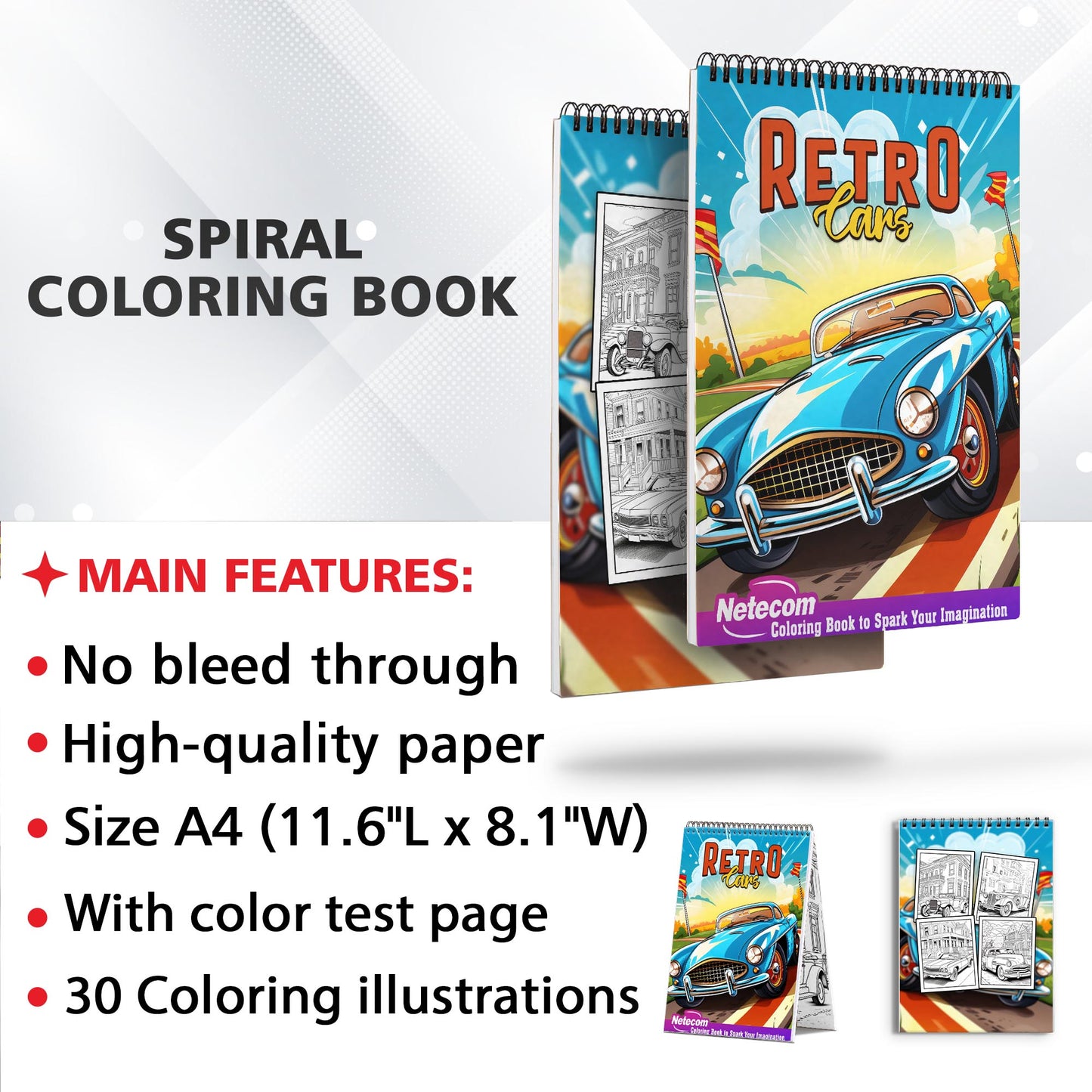 Retro Cars Spiral Bound Coloring Book, Dive into the Retro Cars Coloring Book with 30 Nostalgic Illustrations of Classic Automobiles