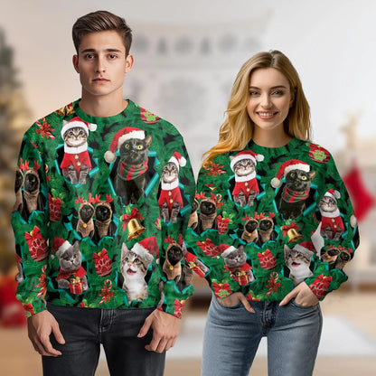 Funny Cats Green Sweatshirt, 3D All Over Print Cute Cat Crewneck Pullover for Men Women, Cat Lover Gift - Netecom