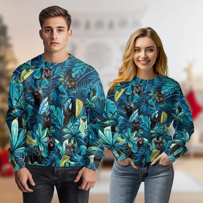 Black Cat Sweatshirt, 3D All Over Print Mystical Cat Crewneck Pullover for Men Women, Black Cat Lover Gift - Netecom