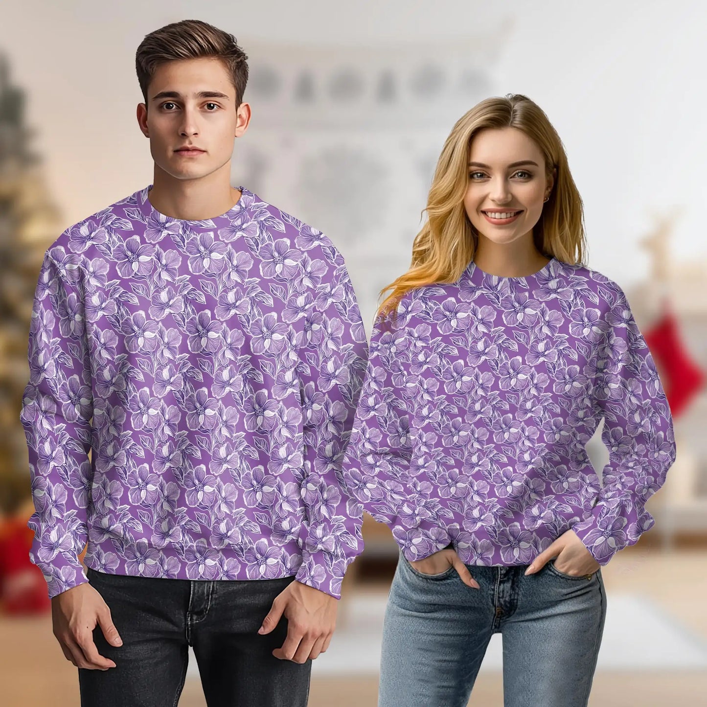 Purple Hibiscus Sweatshirt, 3D All Over Print Tropical Floral Crewneck Pullover for Men Women, Flower Lover Gift - Netecom