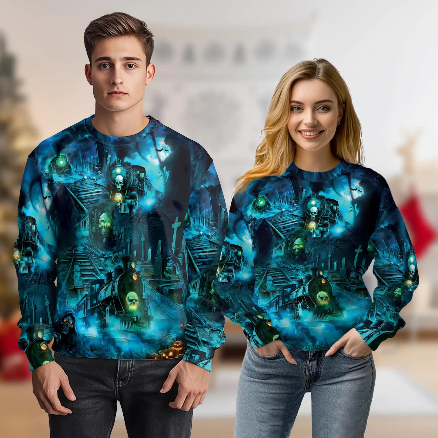 Ghost Train Sweatshirt, 3D All Over Print Haunted Railroad Horror Crewneck Pullover for Men Women, Ghost Lover Gift - Netecom