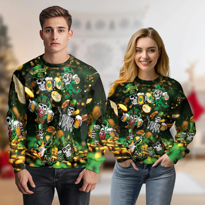 St Patrick’s Day Skull Beer Sweatshirt, 3D All Over Print Irish Shamrock Crewneck Pullover for Men Women, St Patrick’s Day Gift - Netecom