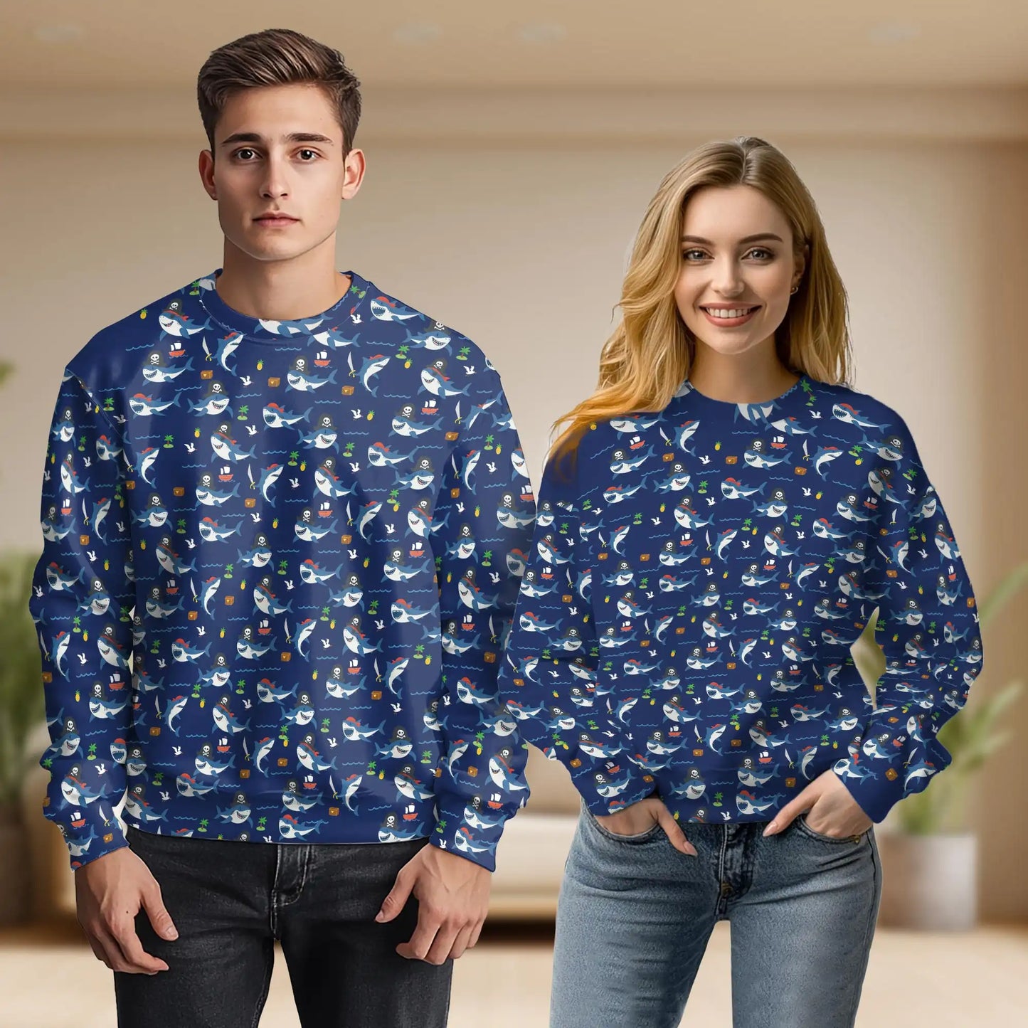 Shark Pirates Pattern Sweatshirt, 3D All Over Print Ocean Adventure Crewneck Pullover for Men Women, Shark Lover Gift - Netecom
