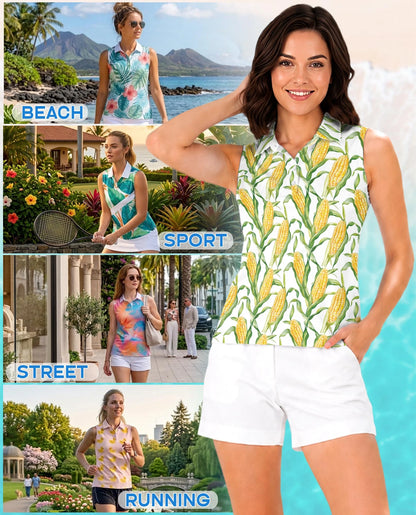 Fresh Corn Cob Pattern Sleeveless Polo Shirt for Women | Netecom