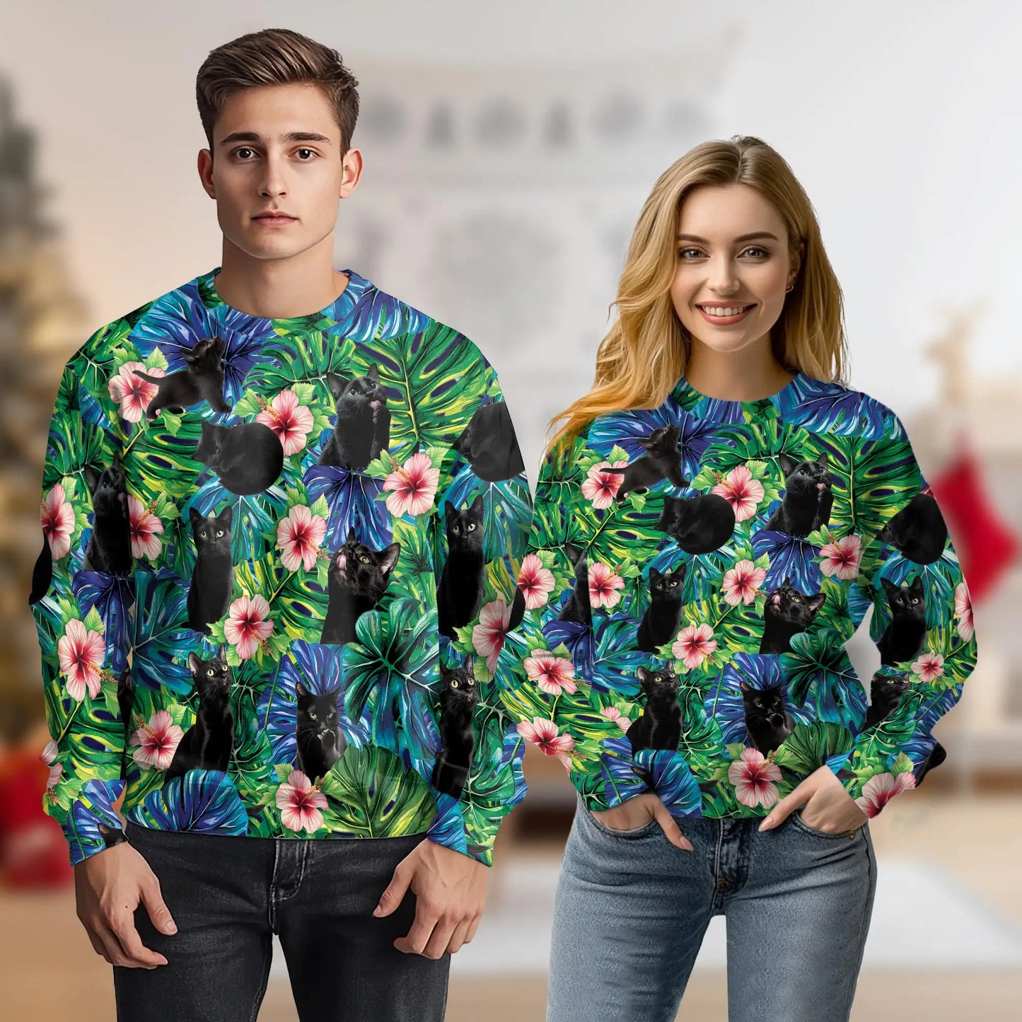 Black Cat Monstera Tropical Sweatshirt, 3D All Over Print Plant Cat Crewneck Pullover for Men Women, Black Cat Lover Gift - Netecom