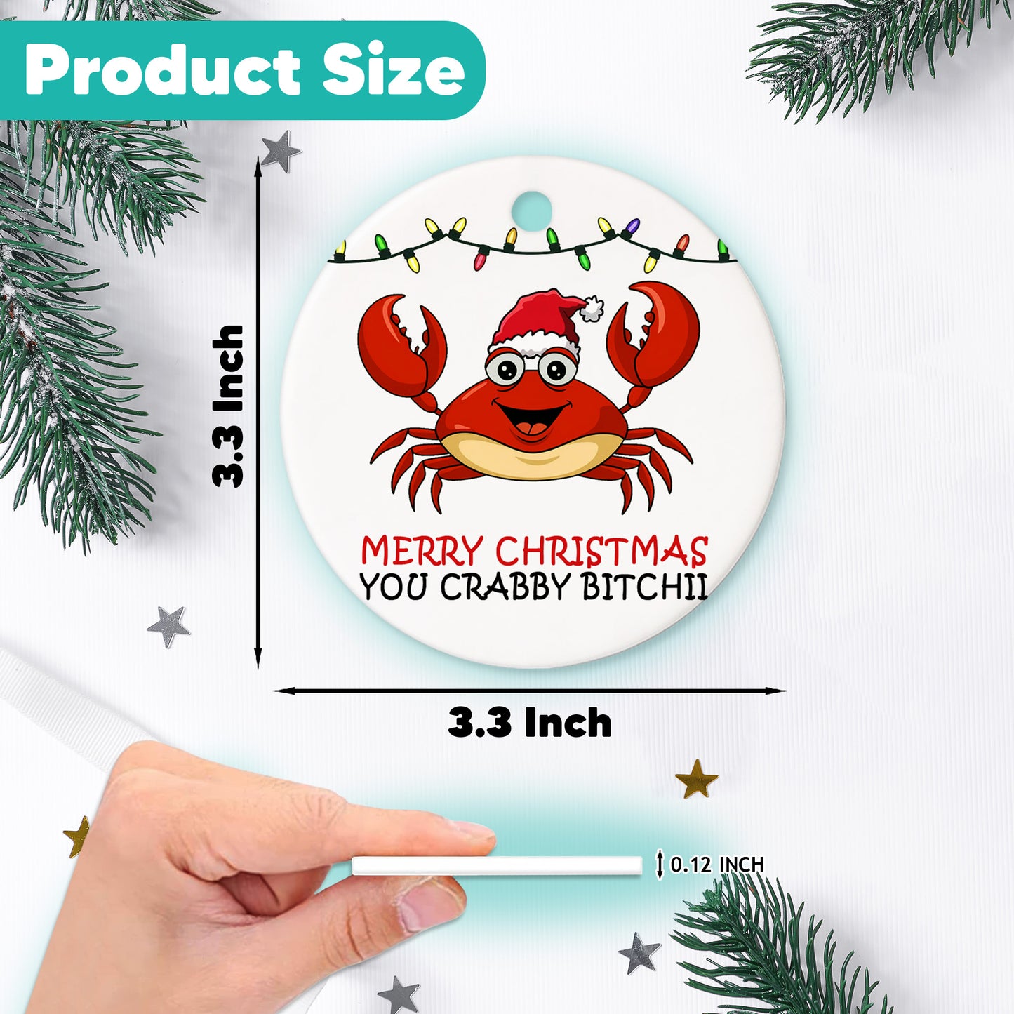 Netecom Funny Merry Christmas You Crabby Bitchii Ornament, Crab in Santa Hat Ceramic Ornament for Xmas Tree Hanging Decorations Gift, Crab Lover Gifts, Holiday Party Present