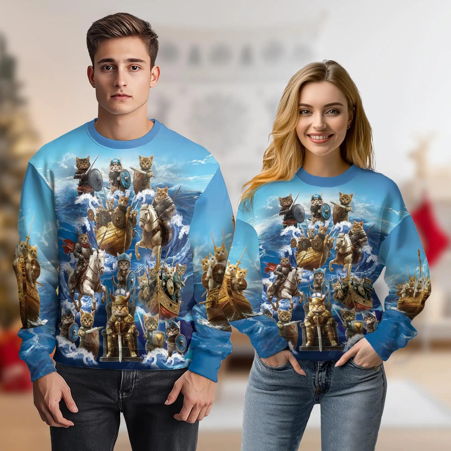 Viking Cat Sweatshirt, 3D All Over Print Norse Warrior Cat Crewneck Pullover for Men Women, Viking Cat Lover Gift - Netecom