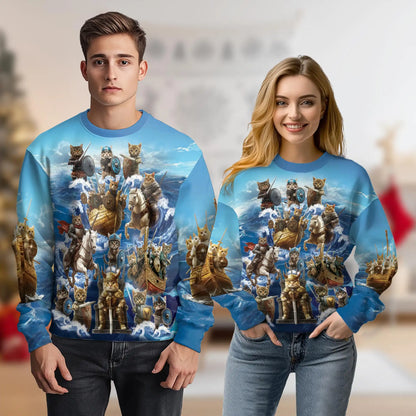 Viking Cat Sweatshirt, 3D All Over Print Norse Warrior Cat Crewneck Pullover for Men Women, Viking Cat Lover Gift - Netecom