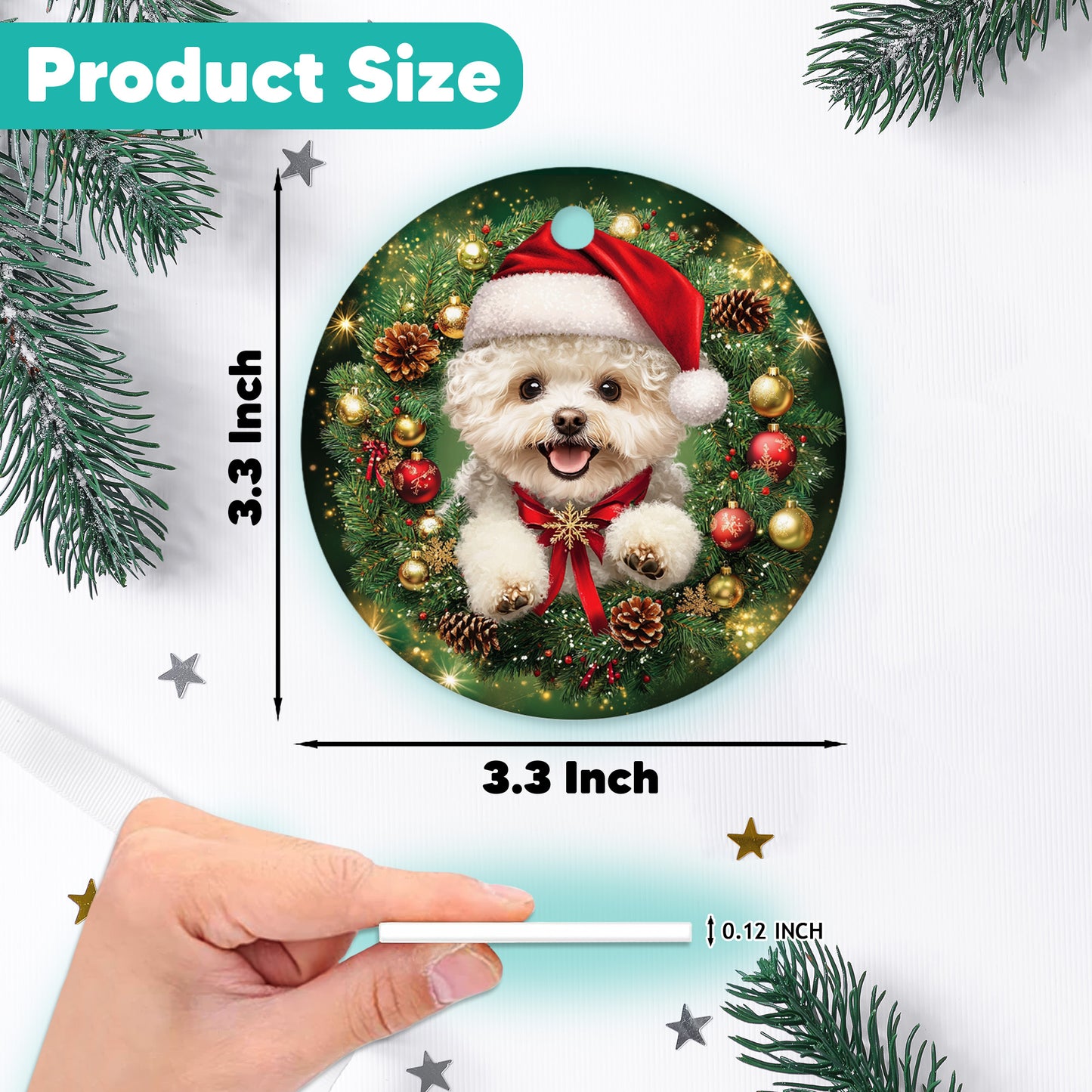 Netecom Cute Bichon Frise Christmas Ornament, Dog Santa Hat Ceramic Ornament for Xmas Tree Hanging Decorations Gift, Puppy Lover Gifts, Home Decor, Holiday Party Present