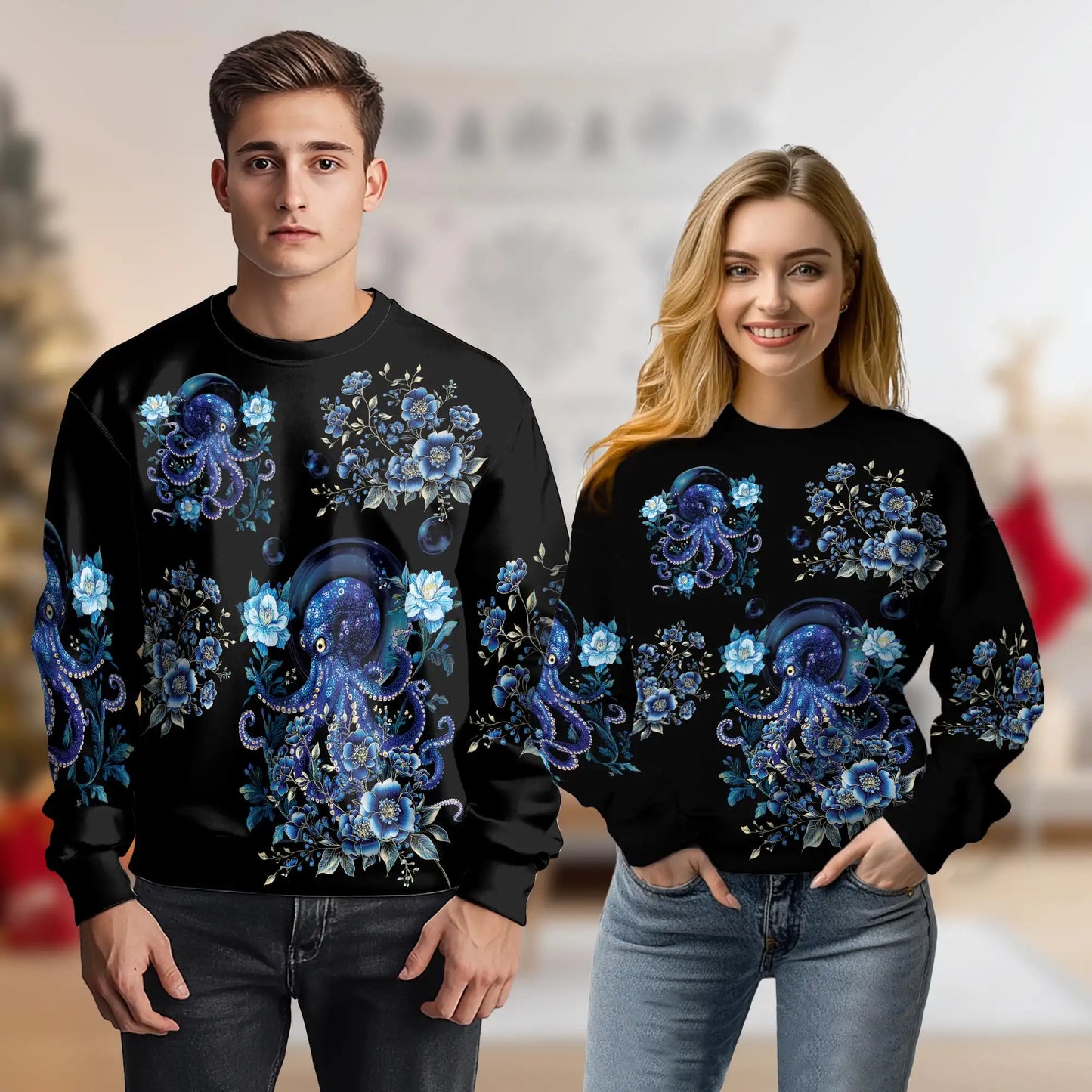 Octopus Flower Sweatshirt, 3D All Over Print Floral Ocean Crewneck Pullover for Men Women, Octopus Lover Gift - Netecom