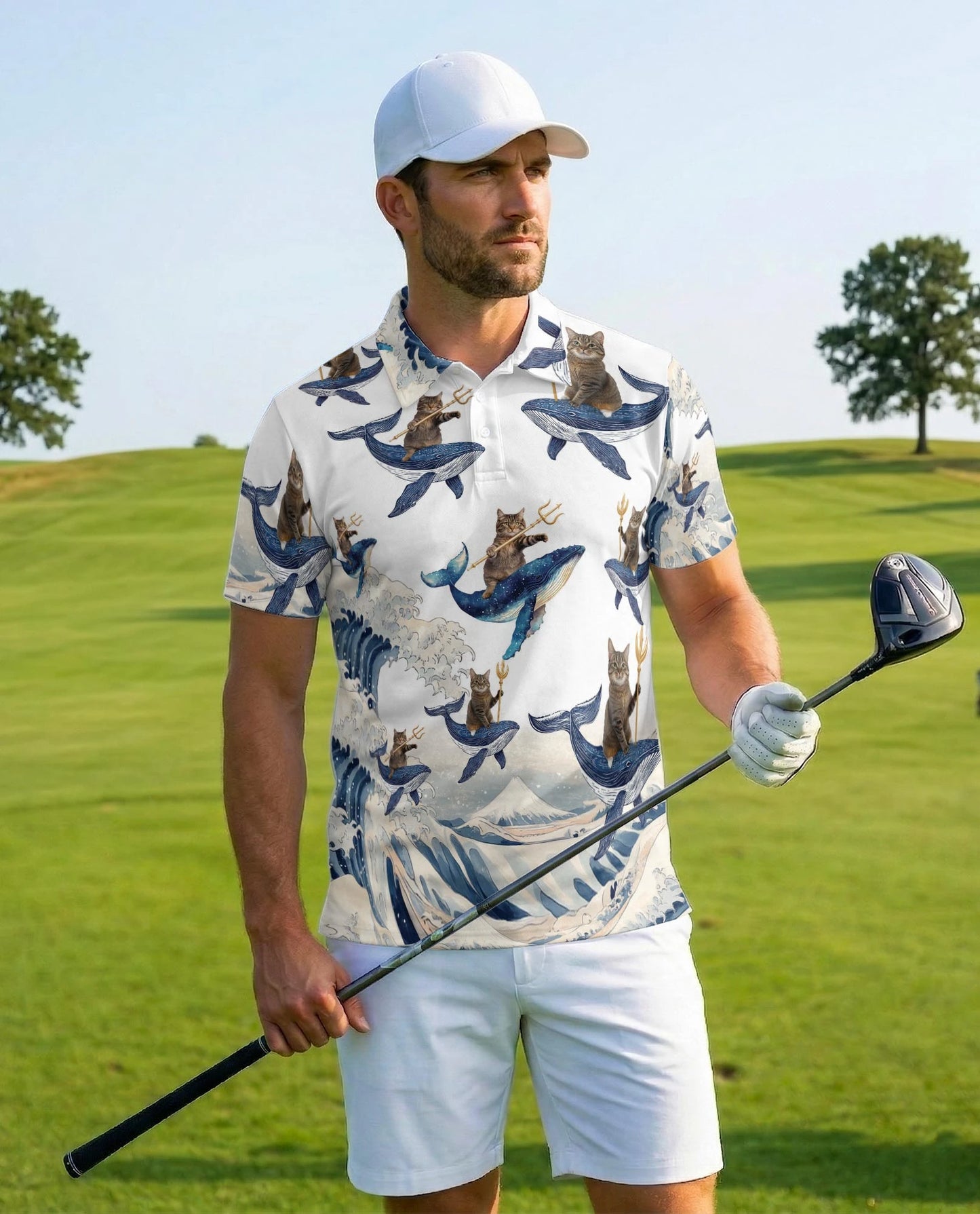 Cat Riding Whale Polo Shirt for Men – Funny Ocean Animal Style | Netecom