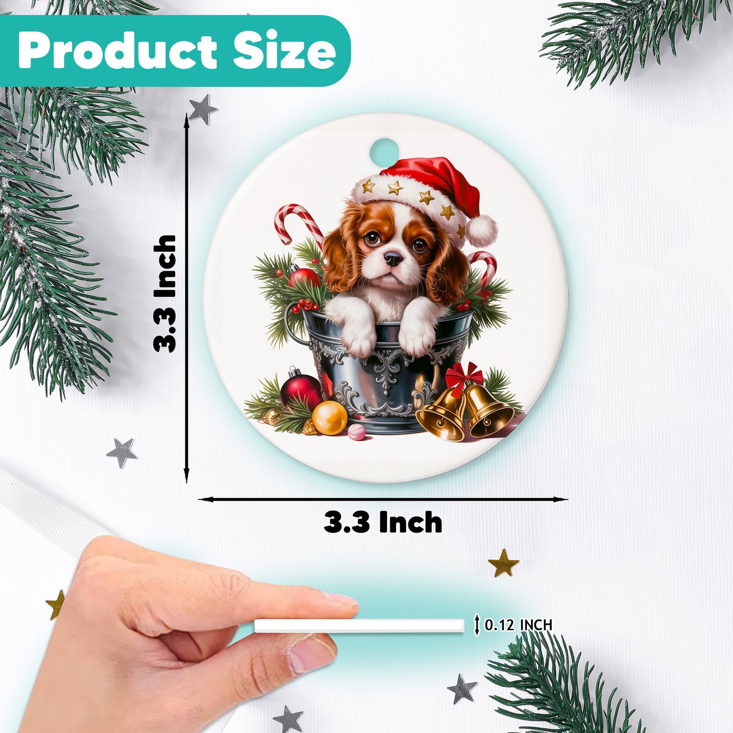 Netecom Cute Cavalier King Charles Spaniel in Bucket Ornament, Dog with Santa Hat Ceramic Ornament for Christmas Tree Hanging Decorations Gift, Puppy Lover Gifts, Holiday Party Present