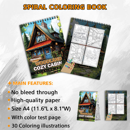 Woodland Cozy Cabins Spiral Bound Coloring Book, Cozy Country Cabins for a Rustic and Relaxing Art Retreat, Great for Those Seeking Serenity and Natural Charm