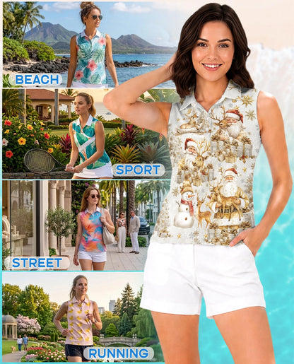 Christmas Golden Sleeveless Polo Shirt for Women – Elegant Holiday Style | Netecom