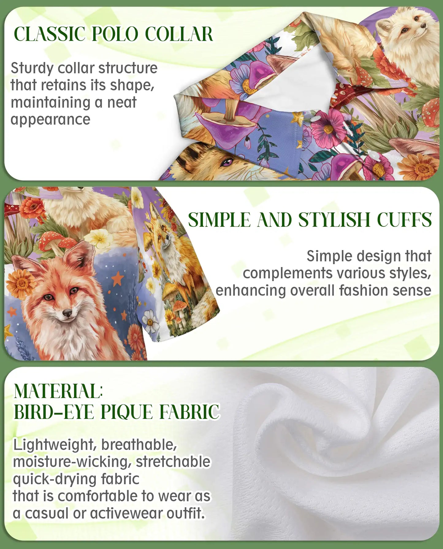Fantasy Fox Garden Polo Shirt Enchanted Woodland Floral Animal Art | Netecom