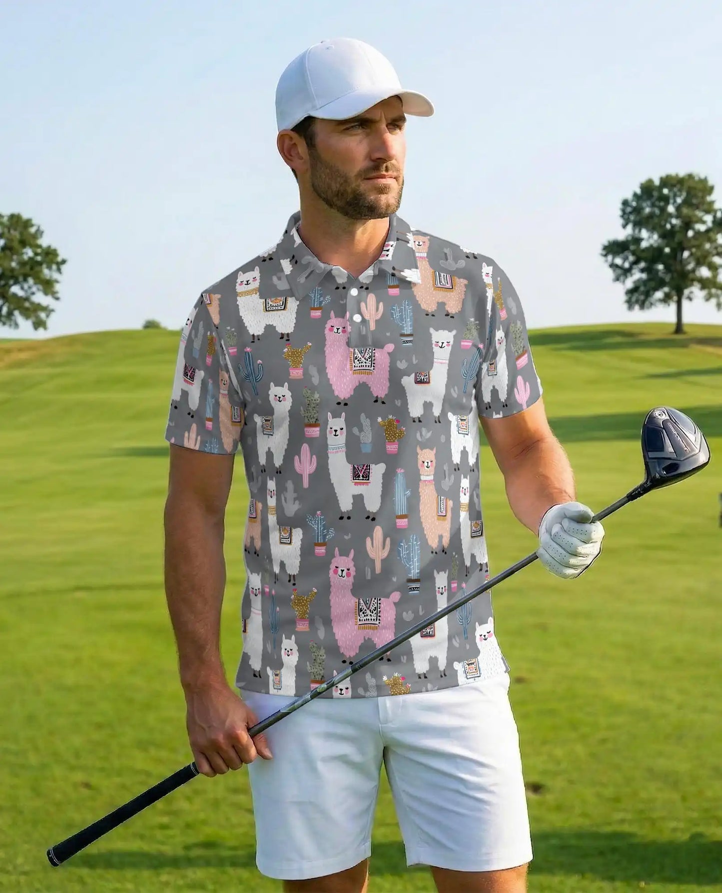Cute Llama Polo Shirt - Desert Cactus Animal Style | Netecom