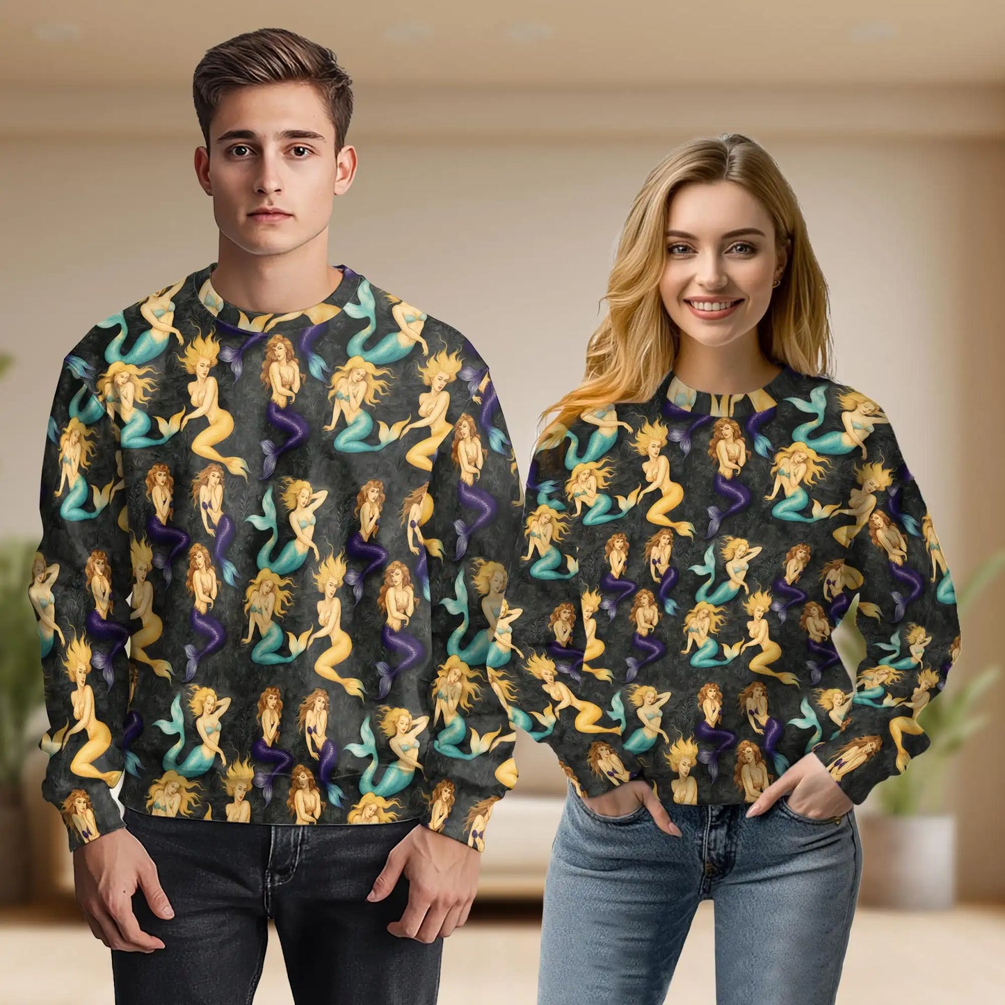 All Over Print Vintage Mermaid Sweatshirt, 3D All Over Print Retro Ocean Fantasy Crewneck Pullover for Men Women, Mermaid Lover Gift - Netecom