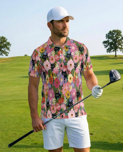 Black Cat Floral Polo Shirt - Colorful Garden Kitty Style | Netecom