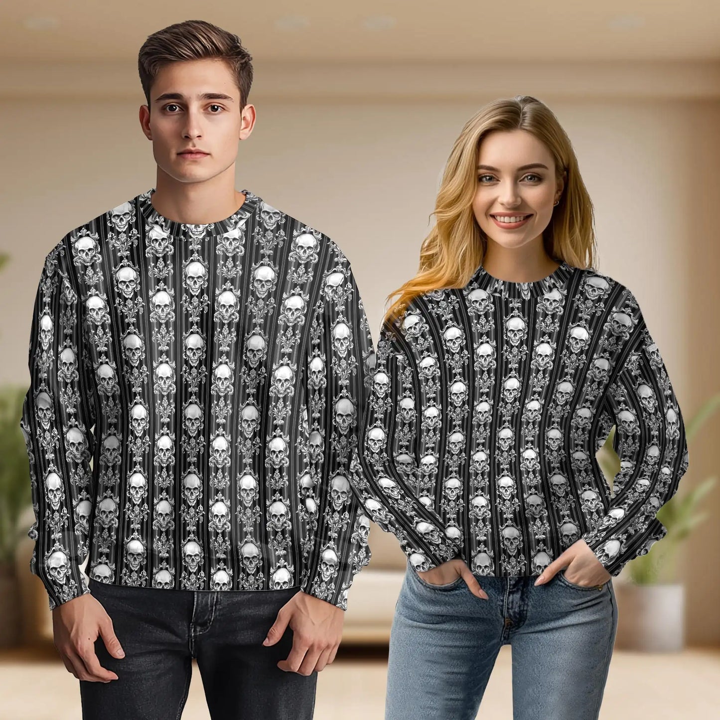 Black White Skull Sweatshirt, 3D All Over Print Gothic Skull Crewneck Pullover for Men Women, Biker Skeleton Lover Gift - Netecom