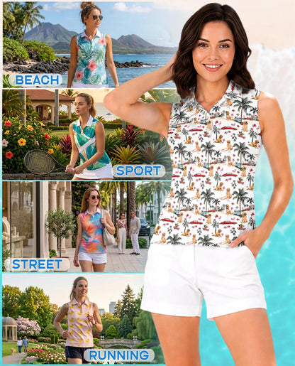Tropical Dog and Flamingo Pattern Sleeveless Polo Shirt for Women | Netecom