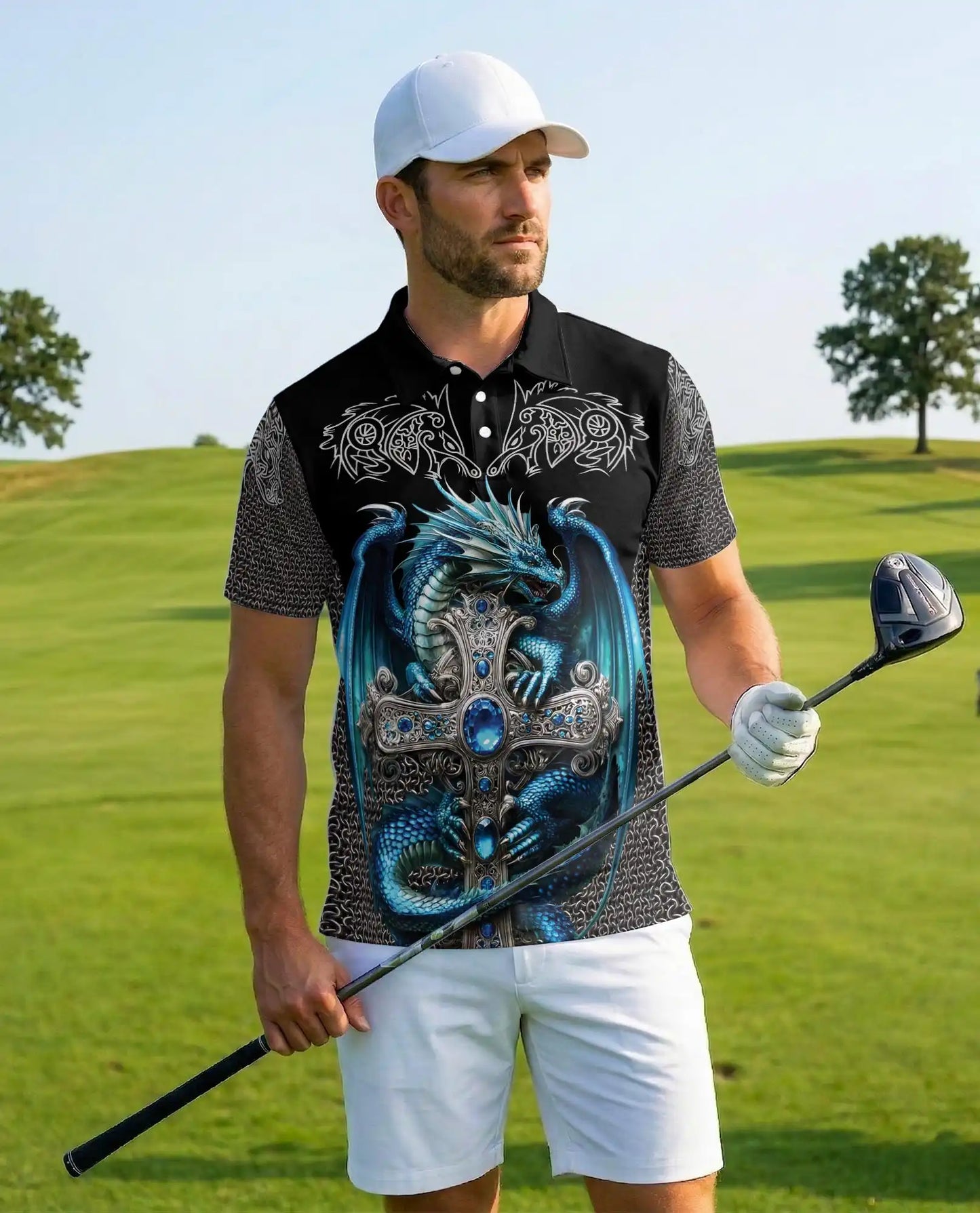 Blue Dragon Cross Polo Shirt for Men - Fantasy Medieval Dragon | Netecom