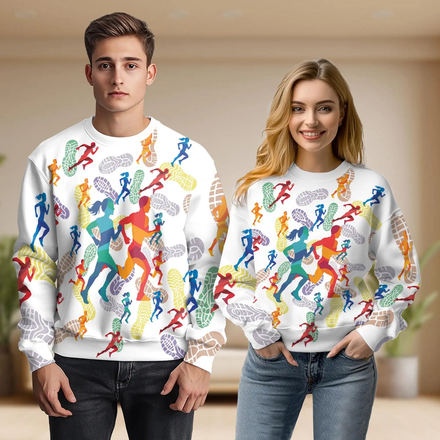 Colorful Running Marathon Sweatshirt, 3D All Over Print Vibrant Runner Crewneck Pullover for Men Women, Marathon Runner Gift - Netecom