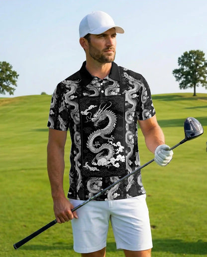 Black White Asian Dragon Polo Shirt for Men - Oriental Dragon Art | Netecom
