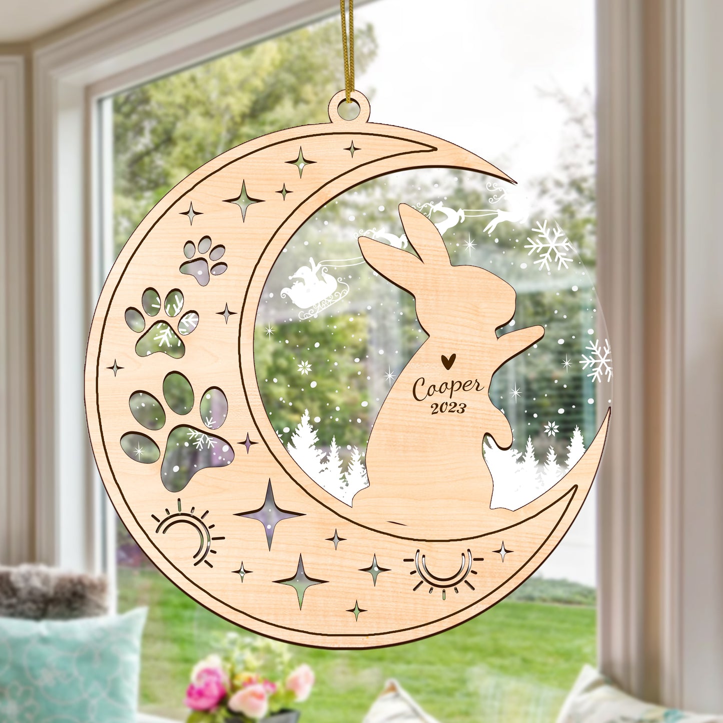 Netecom Rabbit Memorial Suncatcher, Personalized Rabbit Christmas Ornament with Date Name, Bereavement Gifts for Loss of Bunny, Rabbit Death Sympathy Gifts Pet Loss Sun Catchers, Rabbit Grief Gift