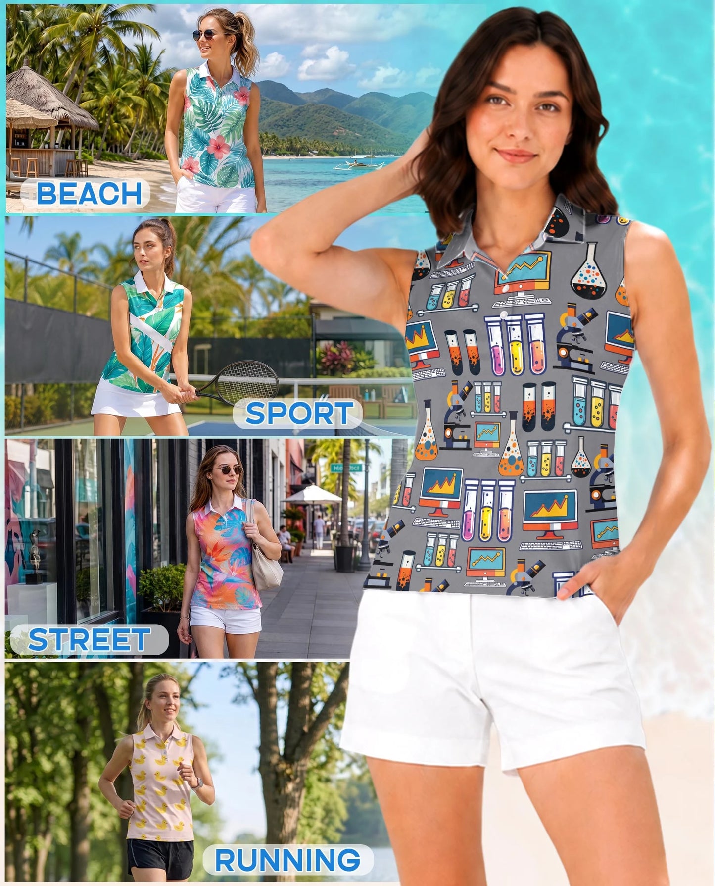 Science Lab Doodle Pattern Sleeveless Polo Shirt for Women | Netecom