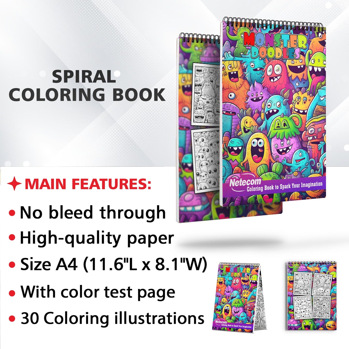 Monster Doodles Spiral Bound Coloring Book, Enjoy 30 Playful Monster Doodles Coloring Pages for Kids and Adults to Create Colorful Monstrous Characters