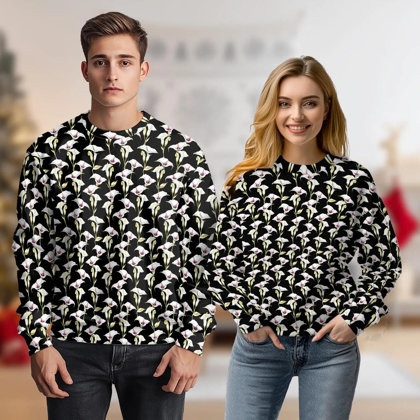 Calla Lily Sweatshirt, 3D All Over Print Black Floral Crewneck Pullover for Men Women, Elegant Flower Lover Gift - Netecom