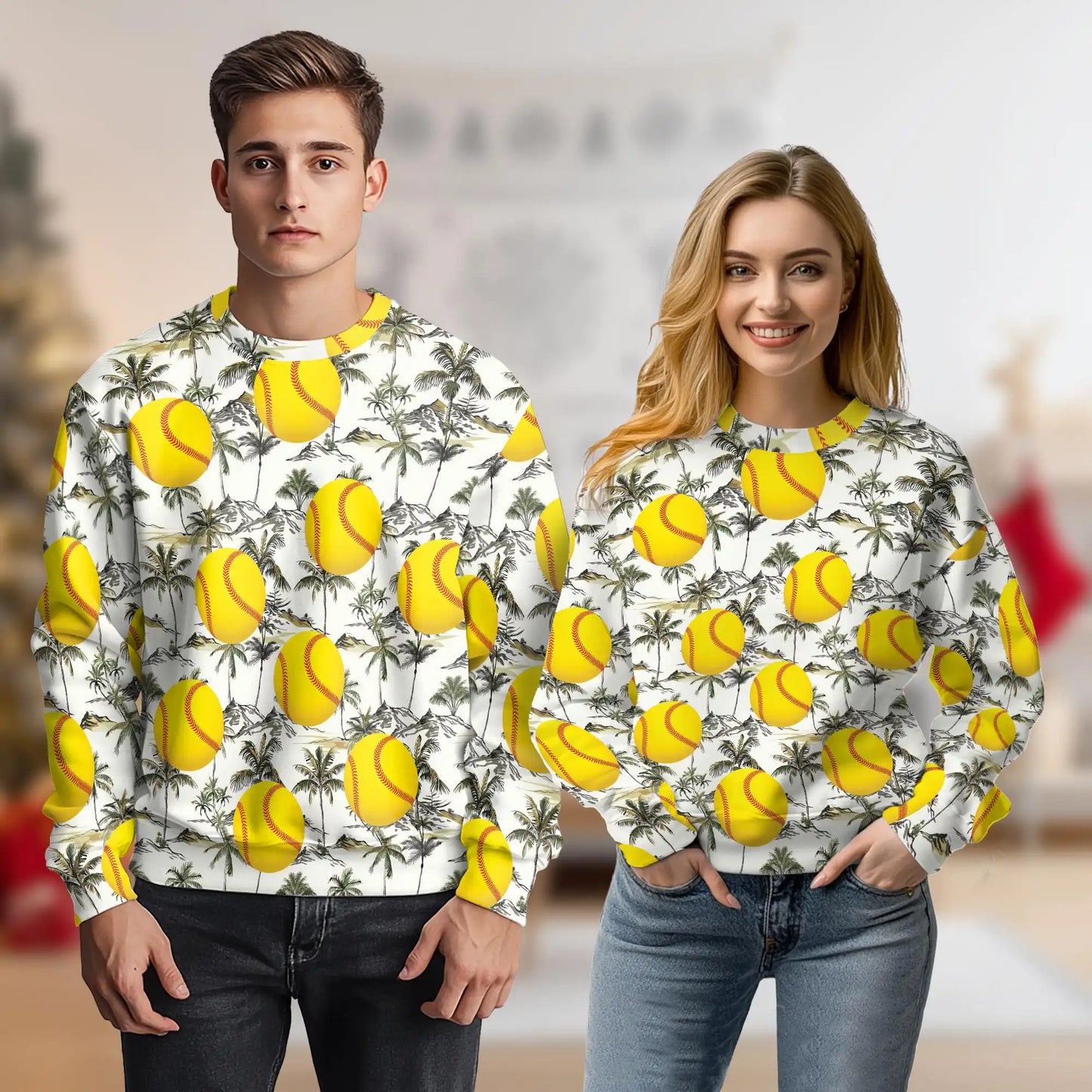 Yellow Softball Palm Tree Sweatshirt, 3D All Over Print Tropical Sports Crewneck Pullover for Men Women, Softball Lover Gift - Netecom