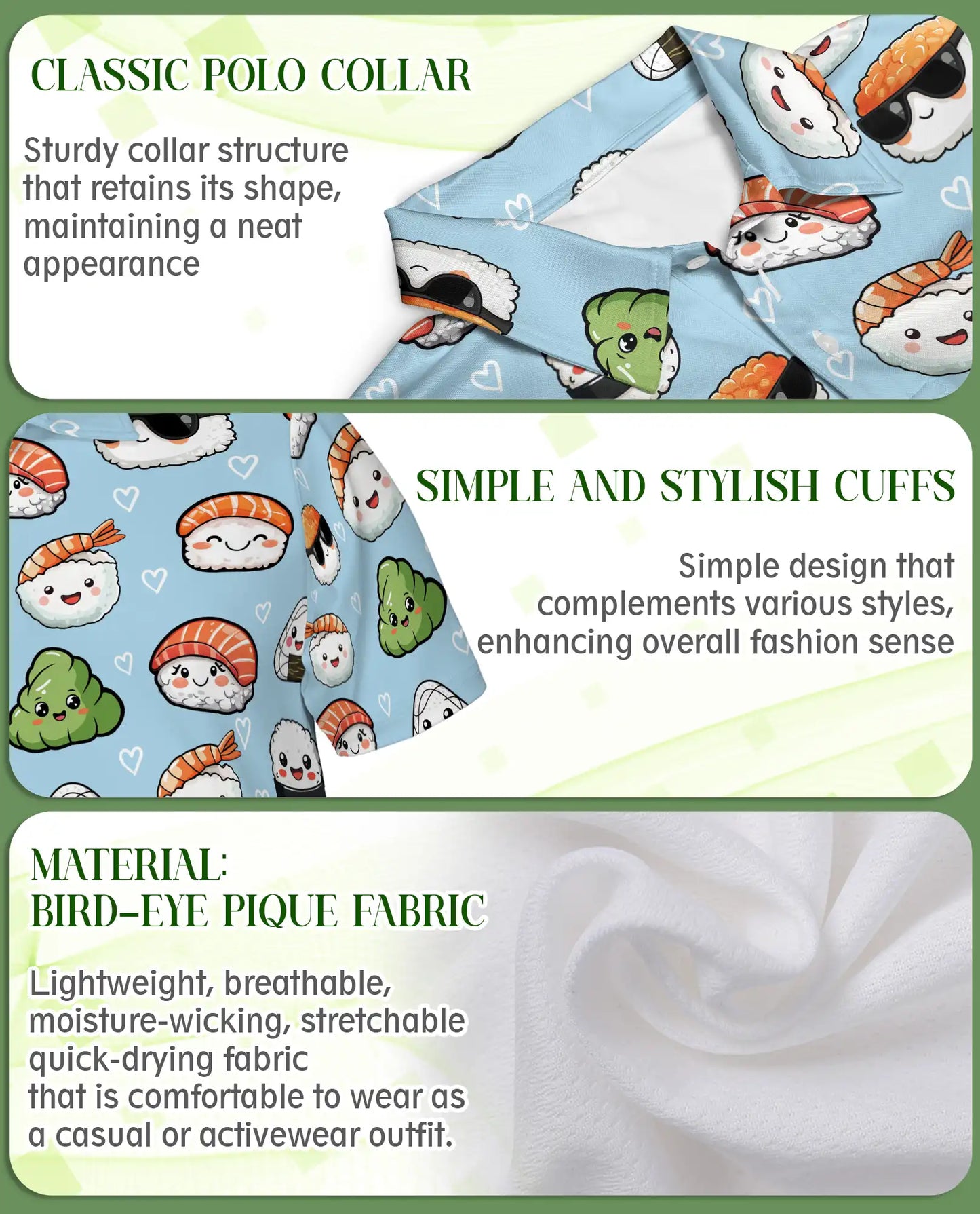 Cute Sushi Polo Shirt – Kawaii Food Print | Netecom