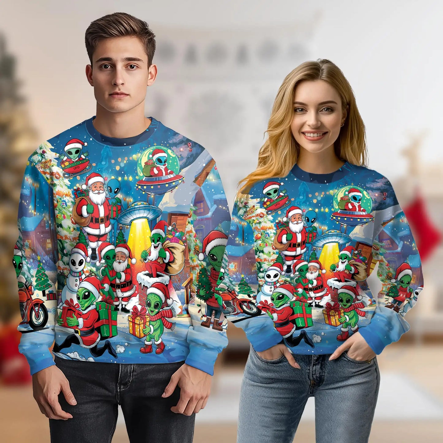 Alien and Santa Claus Christmas Sweatshirt, 3D All Over Print Holiday Space Crewneck Pullover for Men Women, Christmas Gift - Netecom
