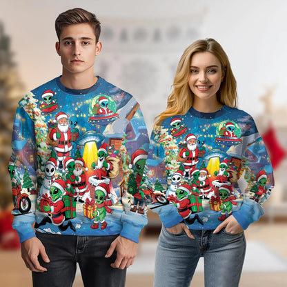Alien and Santa Claus Christmas Sweatshirt, 3D All Over Print Holiday Space Crewneck Pullover for Men Women, Christmas Gift - Netecom