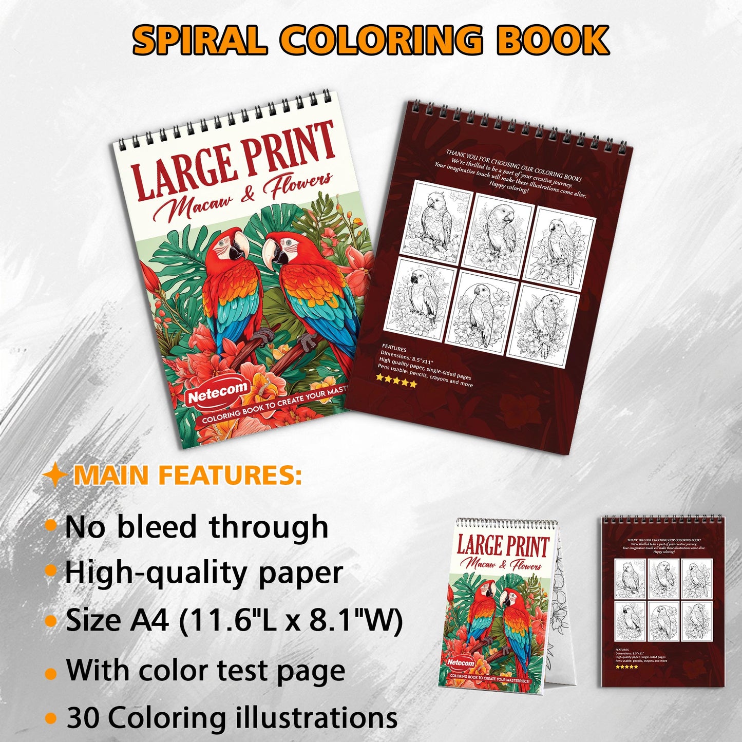 Large Print Macaw and Flowers Spiral Bound Coloring Book, Vivid Macaws and Flowers in Large Print, Perfect for Relaxation and Nature Lovers Seeking Vibrant Art