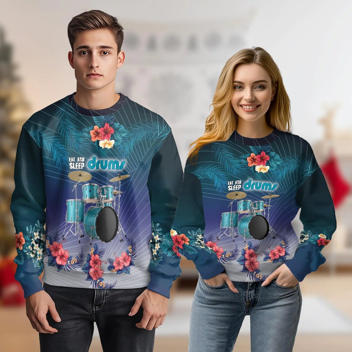 Eat and Sleep Drums Sweatshirt, 3D All Over Print Funny Drummer Music Crewneck Pullover for Men Women, Drummer Lover Gift - Netecom