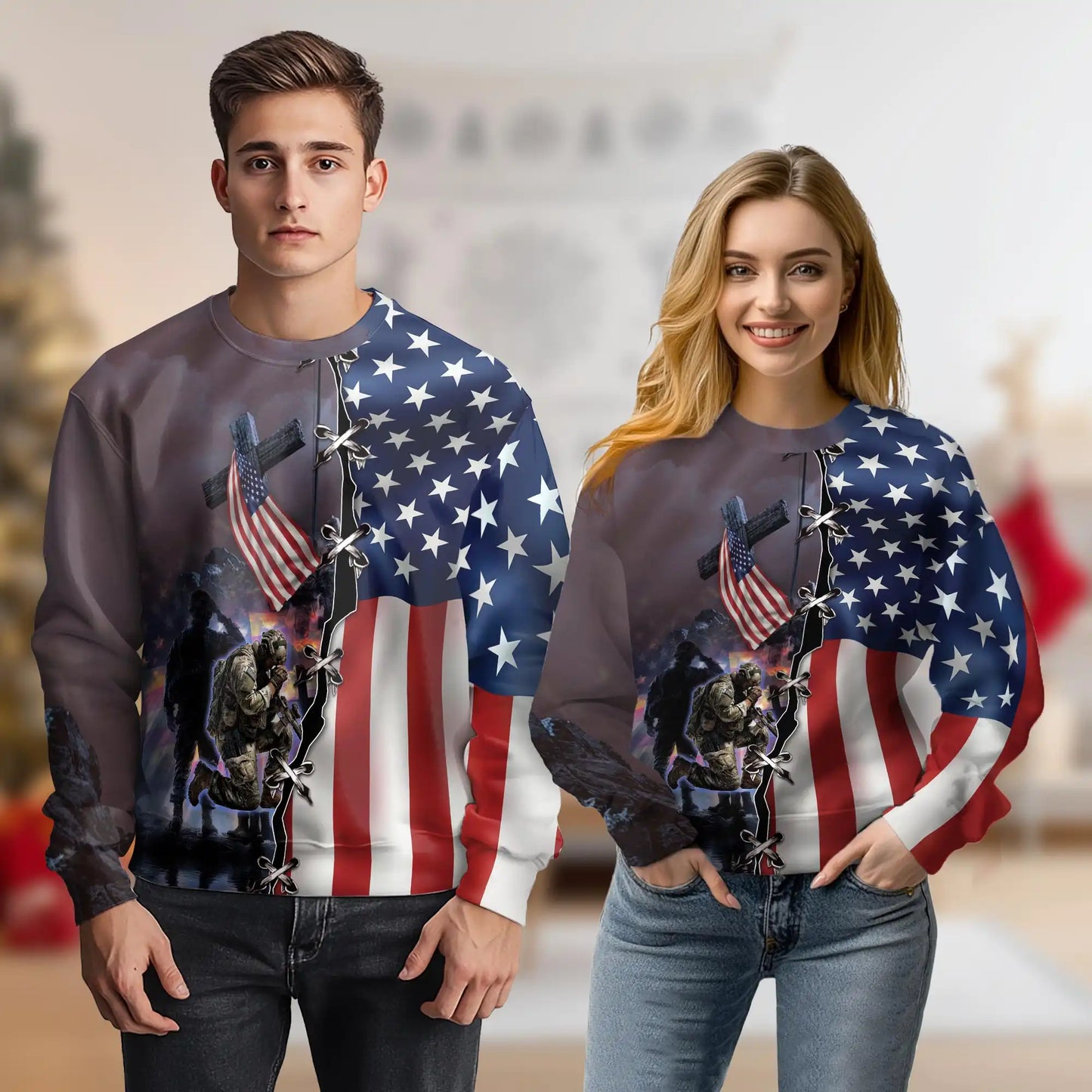 American Flag Kneeling Soldier and Cross Sweatshirt, 3D All Over Print Patriotic Military Crewneck Pullover for Men Women, Veteran Gift - Netecom