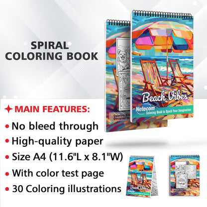 Beach Vibes Spiral Bound Coloring Book, Ocean Themed Coloring Book for Adults for Relaxation and Stress Relief