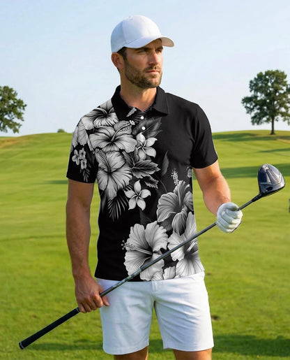 Black White Hibiscus Polynesian Polo Shirt for Men – Tribal Island Style | Netecom