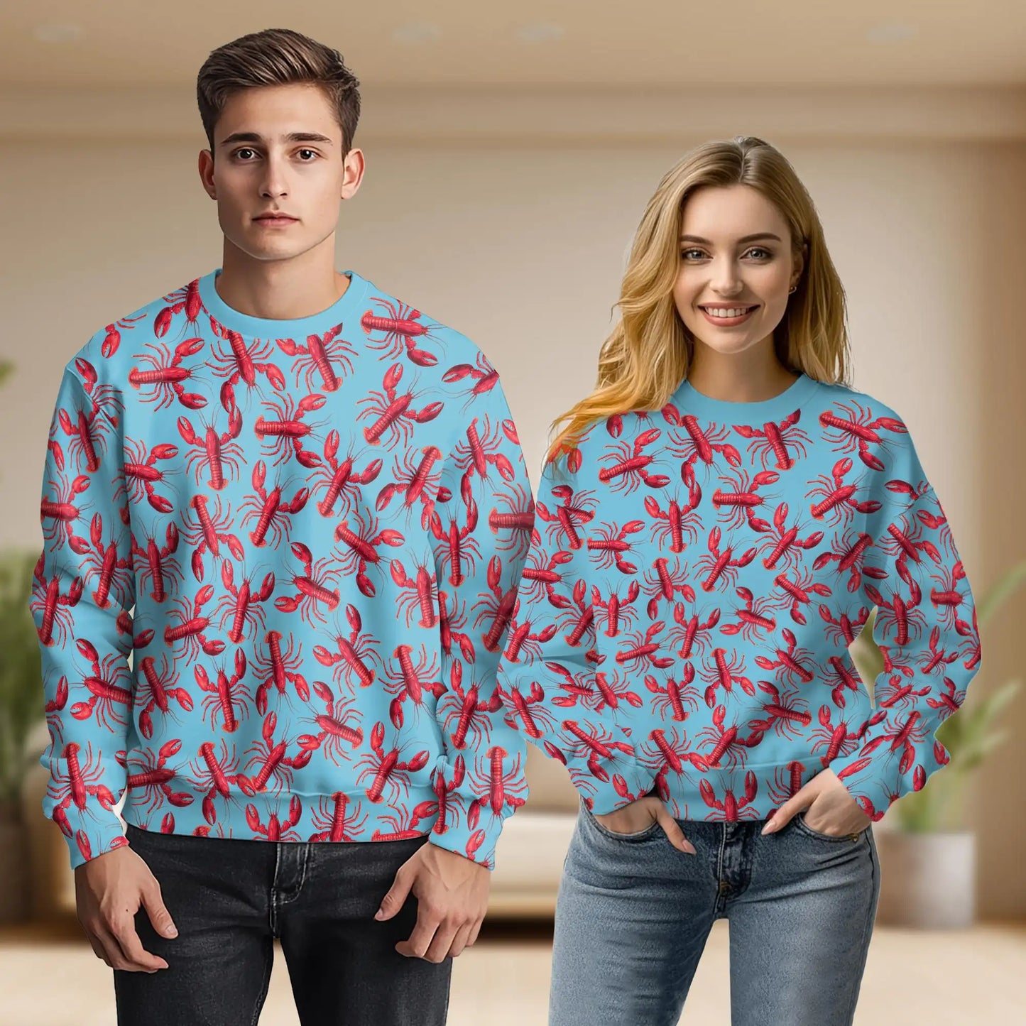 Red Lobster Pattern Sweatshirt, 3D All Over Print Nautical Seafood Crewneck Pullover for Men Women, Lobster Lover Gift - Netecom
