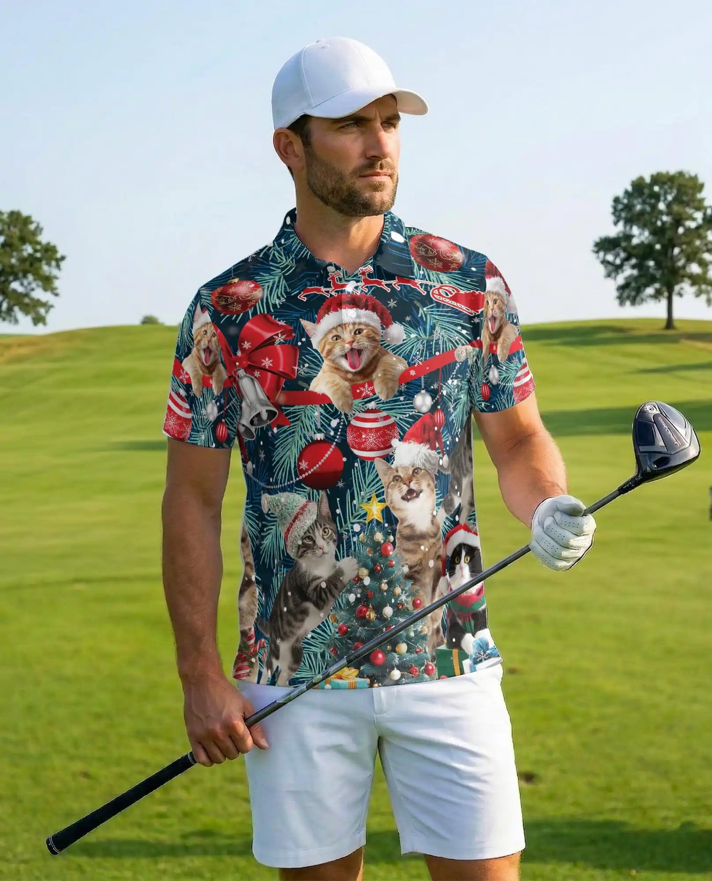 Christmas Cat Polo Shirt - Funny Holiday Kitty Style | Netecom