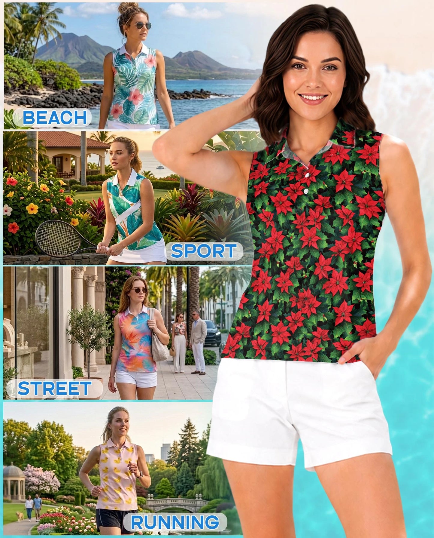 Poinsettia Pattern Sleeveless Polo Shirt for Women | Netecom